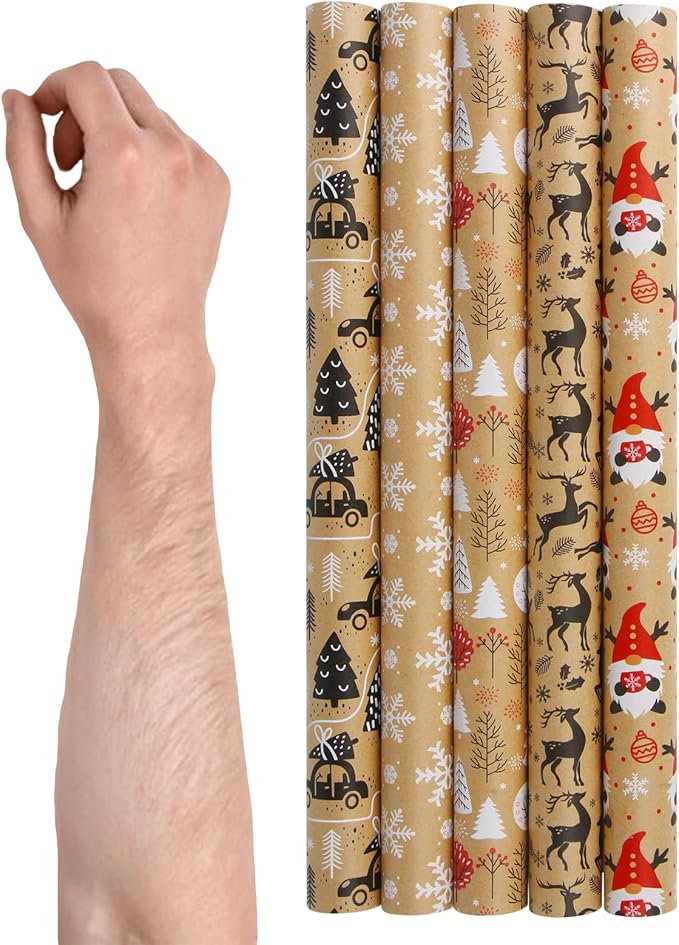 KIMOBER 5 Rolls Christmas Wrapping Paper,Brown Kraft Paper with Xmas Elements and Cut Lines on Reverse(17in × 118in Per Roll)