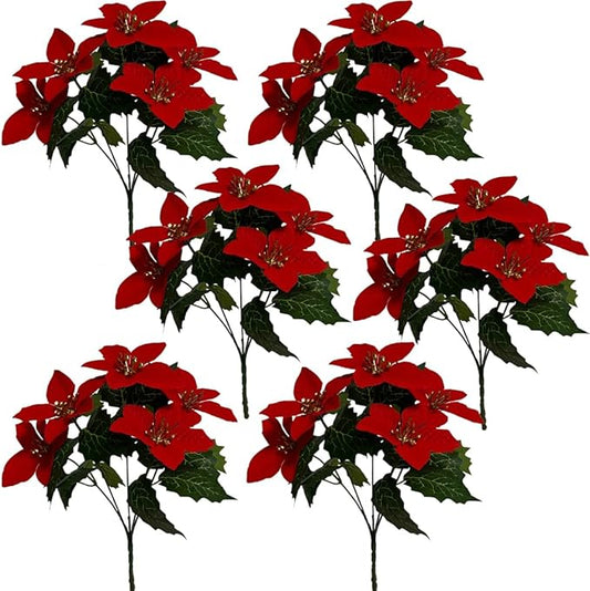 6 Pack Red Christmas Artificial Poinsettia Flowers Faux Poinsettia Bush Bouquets Silk Poinsettia Christmas Tree Ornaments Poinsettia Flower Arrangement for Home Decor