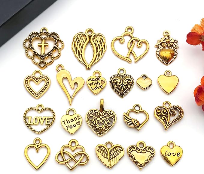 WOCRAFT 60pcs Antique Gold Heart Valentine's Day Wedding Charms for Jewelry Making Sets DIY Necklace Bracelet Keychain Crafting Charms Kit Craft Supplies (SN918)