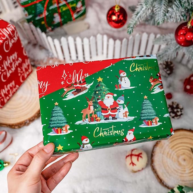 MAYPLUSS Christmas Wrapping Paper Roll - 17IN X 33FT - Green Santa Gift Wrapping Paper Featuring Christmas Tree Santa Claus Snowman Reindeer Reversible Red for Kids, Holiday, New Year