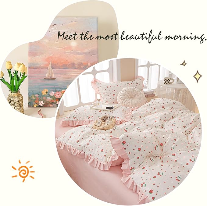 LifeTB Kawaii Pink Strawberry Comforter Set King Girls Cute Strawberry Bedding Comforter Fluffy Soft Microfiber Bedding Set 1 Ruffled Comforter with 2 Pillowcases Pink Floral Comforter Set