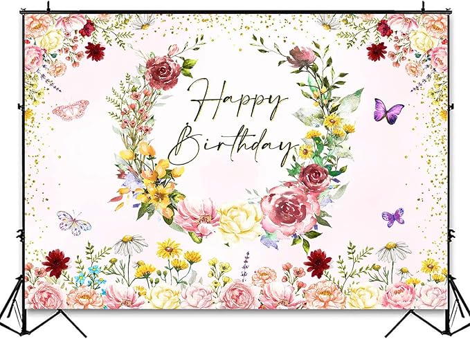 Pink Floral Wildflower Happy Birthday Backdrop Banner Decorations for Girl,Watercolor Flower Butterfly Birthday Backdrops Background for Wildflower Theme 1st Bday Party Supplies Photobooth Props 7x5ft