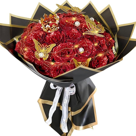 Red Glitter Roses Bouquet, 24 Pcs Shiny Glitter Flowers Bouquet, Everlasting DIY Artificial Roses Bouquet for Christmas, Birthday, Anniversary, Wedding, Engagement