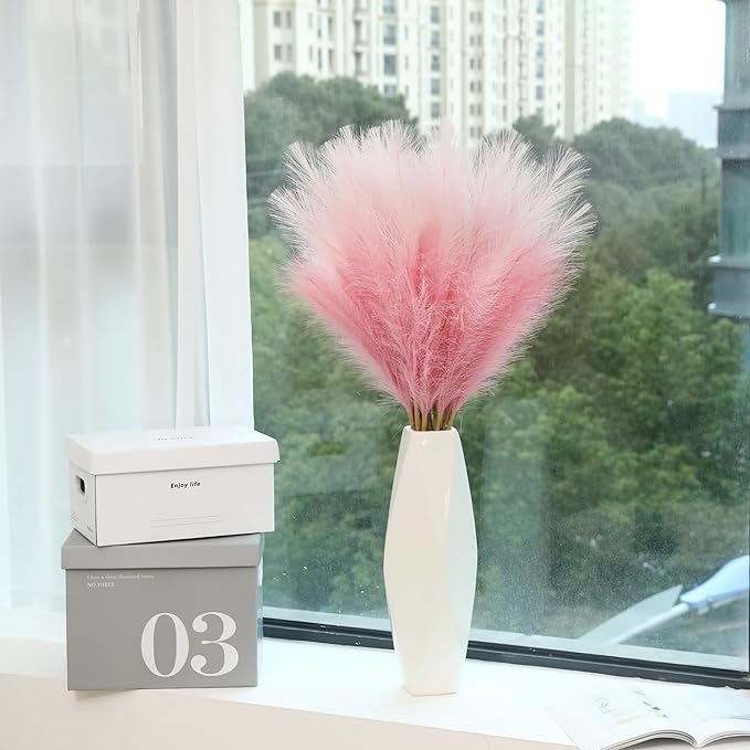 9 Stems Pink Pampas Grass - 38 Inch Large Fluffy Faux Pompous Grass Decor, Long Artificial Colored Pompas Floral for Vase Filler, Wedding Centerpieces and Home Decor (Pink)