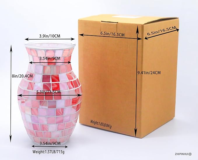8" H Pink Mosaic Vase.Exquisite Craftsmanship.Decor Home Modern Midsize All Handmade Mosaic Vases .Beautiful Glass Vase for Home&Office Decor.Unique Gift