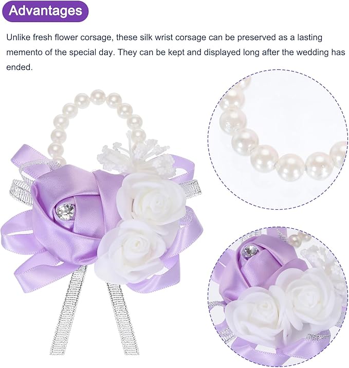 MECCANIXITY Wrist Corsage Artificial Flower Bracelets Rose Wrist Bride Groom Decorative for Wedding Ceremony Prom Party Anniversary Light Purple