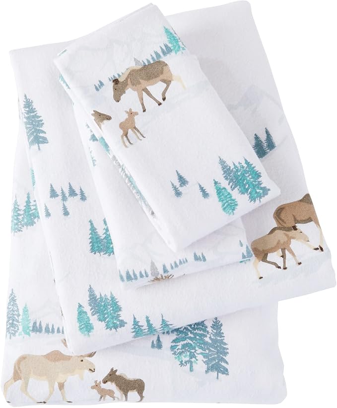 Market & Place 100% Turkish Cotton Flannel Sheet Set | 4 Piece Deep Pocket Novelty Cozy Winter Bed Sheets | Double Brushed for Extra Softness & Comfort | Alpine Collection (Queen, Moose)