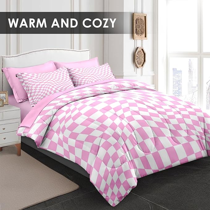 Comforter Set Twin Size, Pink White Geometric Checkerboard 5 Pcs Bedding for Kids and Adults, Chess Checkered Bedding Sets with Fitted Sheet Pillowcase & Sham for Bedroom Bed Decor