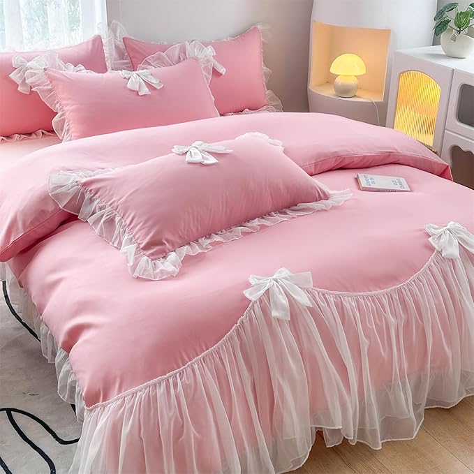 Girls Lace Bedding,Twin Comforter Cover Set, Chic Ruffled Duvet Cover with Lovely Bow,Princess Style 1 Duvet Cover with 1 Pillowcases, No Comforter-Bright Pink,Twin Size