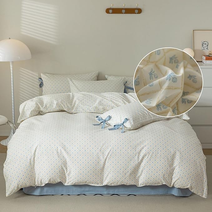Blue Floral Comforter Queen Comforter Set Cute Blue Flower Bedding Comforter Set for Kids Girls Chic Floral Cottagecore Bedding Set Vintage Botanical Comforter with 2 Bowknot Bow Tie Pillowcases