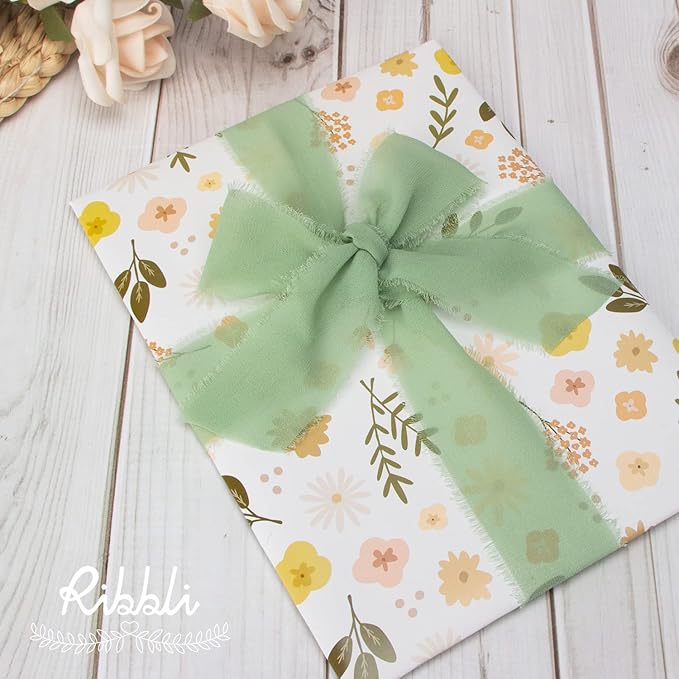 Ribbli Sage Green Chiffon Ribbon - 1-1/2 inch x 20 Yard, Handmade Fringe Chiffon Ribbon for Gift Wrapping, Wedding Invitations, Bridal Bouquets, Flower Arrangement Decoration