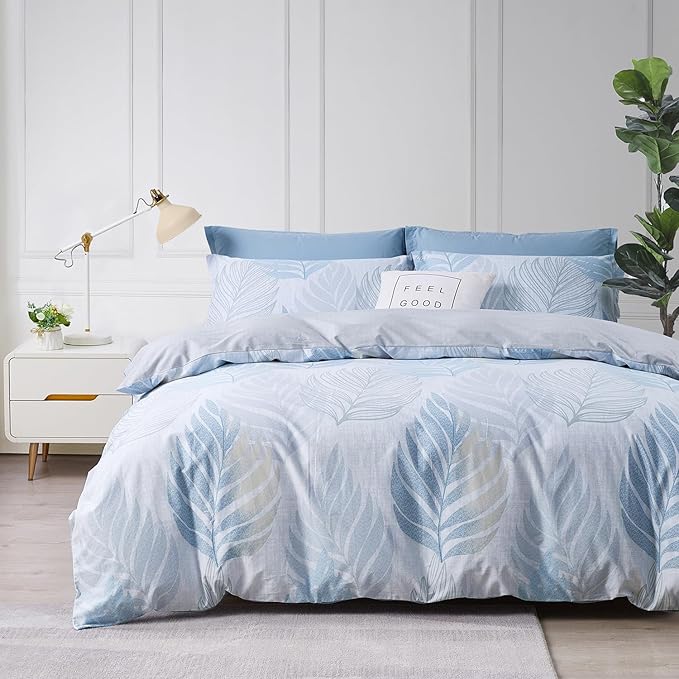 SAPHREAS Cotton Duvet Cover Set King Size 3pcs Ocean Blue Monstera Leaf Tropical Leaves Bedding Comforter Cover Set 1 Duvet Cover 2 Pillow Shams with Zipper