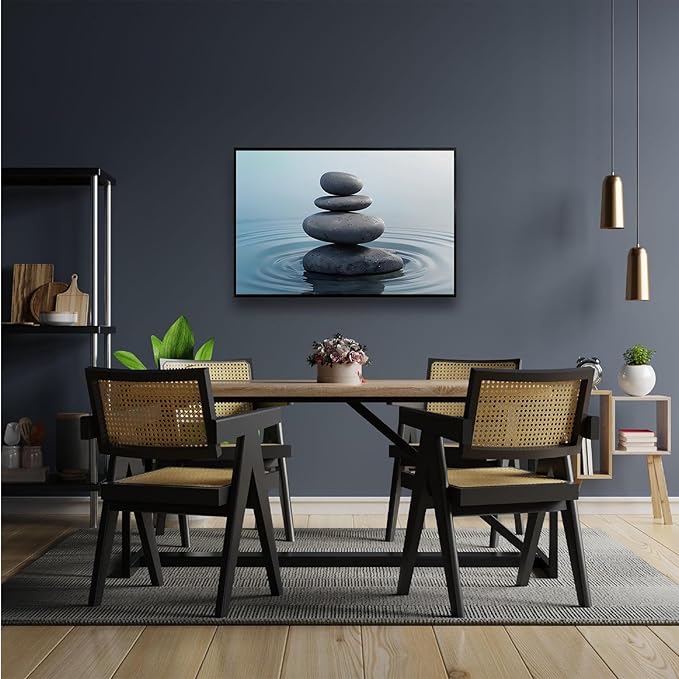 Zen wall art Harmonious grey stones stacked on a calm surface of water Serene Zen decor suitable for tranquil homes and spaces of meditation 16x24in Metal blackFramed