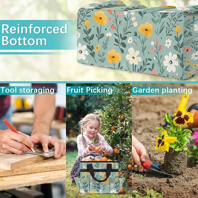 Garden Tool Bag Organizer Garden Tote Bag with Pockets Floral Patterned Flower Tool Storage Organizer Gardening Tool Kit Holder 13" x 6.8" x 2.8"