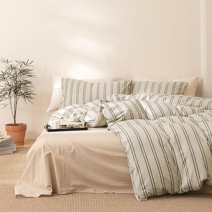 VM VOUGEMARKET Green Stripes Comforter Set King Modern Simple Bedding Comforter with 2 Pillowcases Farmhouse Style Lightweight Cotton Comforter Set for Adults