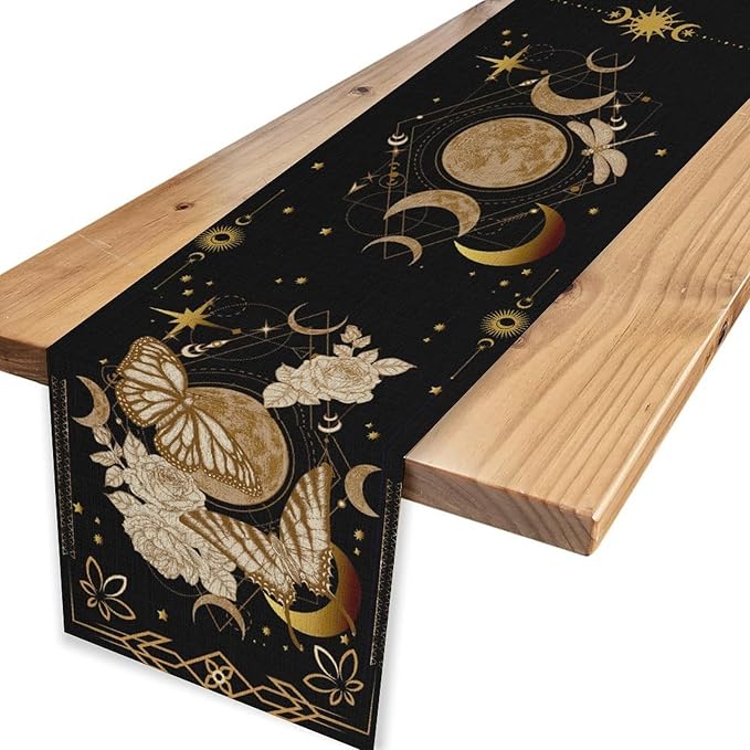 Gothic Moth Table Runner, Boho Floral Gothic Sun Moon Phase Mystical Witchy Starlight Coffee Table Center Decor for Home Kitchen Dining Patio Holiday Party Table Decorations 13x90 inches