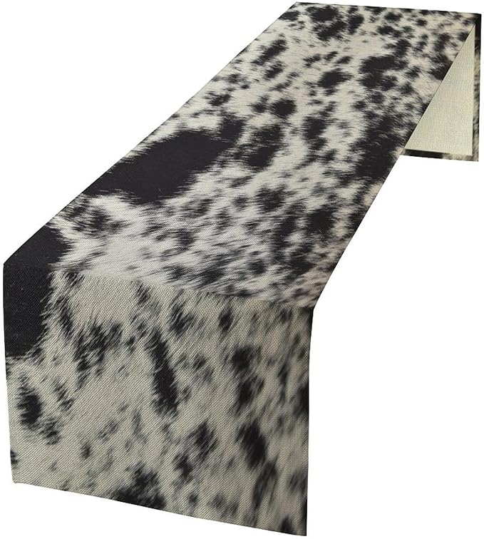 Cow Skin Print Table Runner, Rustic Country Farmhouse Animal Fur Skin Western Farm Black Cowhide Print Dinner Runner Table Decoration for Home Kitchen Dining 13x60in