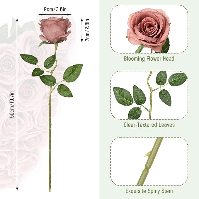 Waipfaru 16 Pcs Artificial Flowers Fake Silk Dusty Roses, Faux Real Touch Roses Bouquet with Long Stem for Wedding Party Home Decor (Dusty Rose)