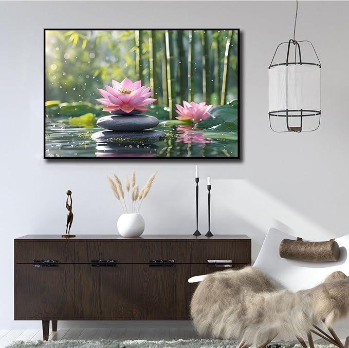 Ethereal pink lotus on obsidian Sunlit bamboo forest with sparkling water drops Poetic nature inspired wall art for tranquil homes and mindful spaces 12x18in Metal blackFramed