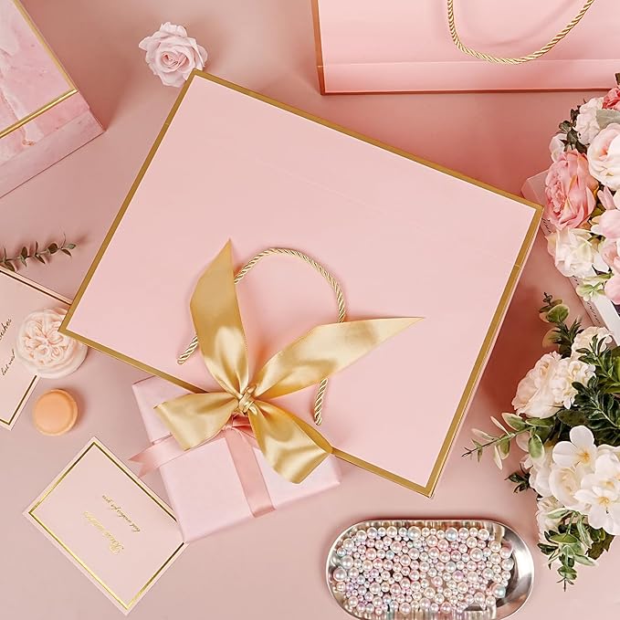 13” Pink Gift Bags, 2 PCS Light Pink Gift Bags with Handles Bow Ribbon, Large Gift Bag Set with Tissue Paper Greeting Card , Portable Paper Present Bag for Girls Women Birthday Wedding Baby Shower