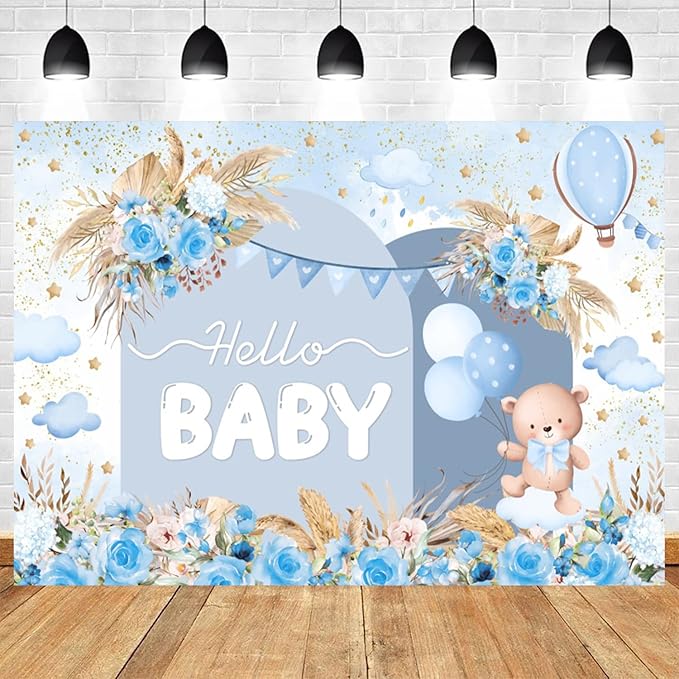 8x6ft Hello Baby Backdrop Blue Gold Boho Floral Bear Baby Shower Photography Background Balloon Stars Clouds Banner Decorations Welcome Newborn Celebration Party Portrait Photo Booth Prop
