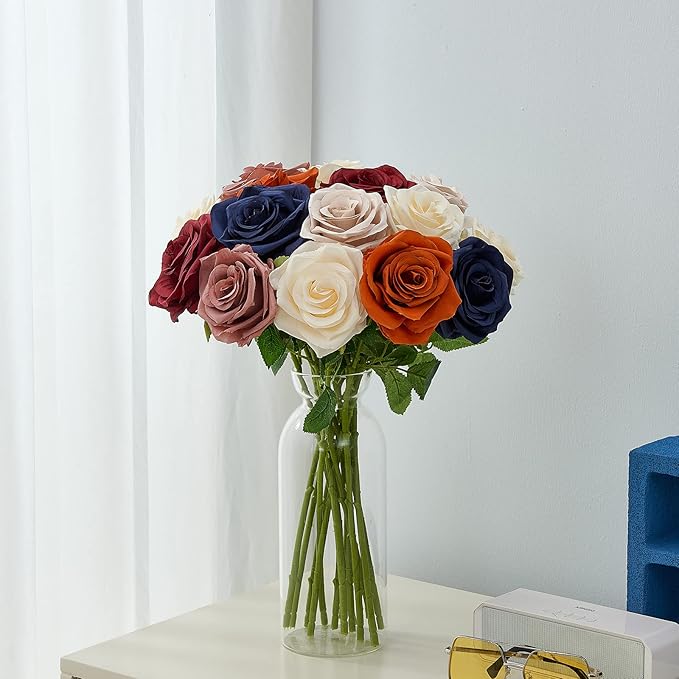 15pcs Artificial Rose Flowers Long Stem Burgundy Fake Silk Roses for DIY Wedding Bouquet Table Centerpiece Home Decor (VASE is NOT Included)