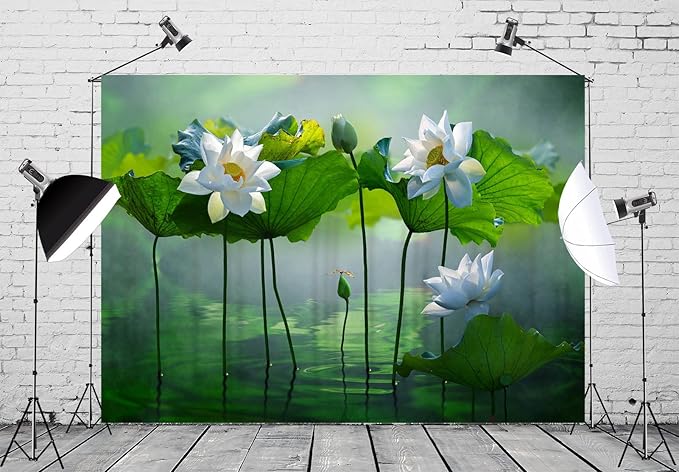 BELECO 12x8ft Fabric Lotus Flower Backdrop Lotus Garden Blooming White Lotus Flowers Pond Background Wall Decor Photo Booth Shoot Studio Props Wallpaper