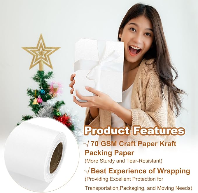 PATIKIL Wrapping Paper, 12" x 300"(25') 70 GSM Craft Paper Roll Kraft Packing Paper for Poster Bulletin Board, Gift Wrapping, White