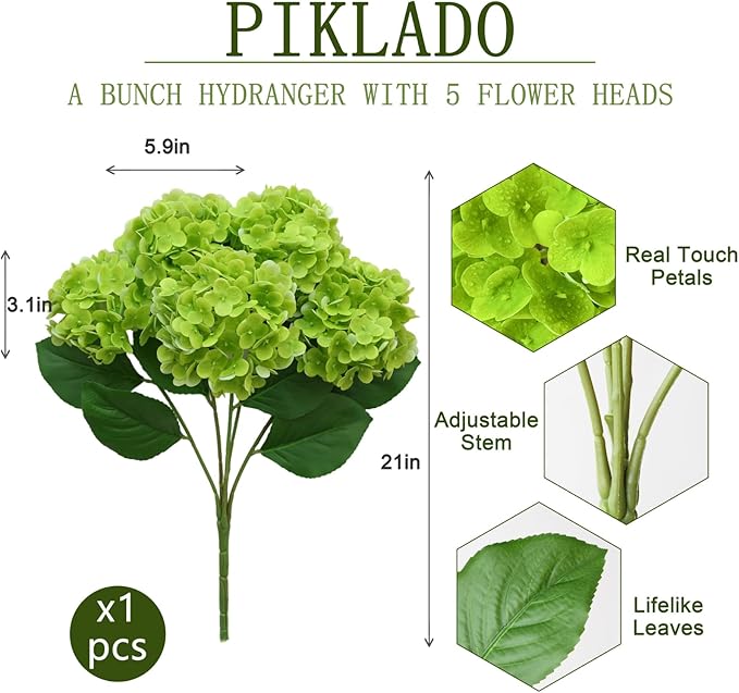 A Bunch 20in， Real Touch Hydrangea Artificial Flowers， with 5pcs Flower Head 8pcs Leaves， Faux Hydrangea Flowers for Home Office Decor Wedding Party Arrangements (1, Green)