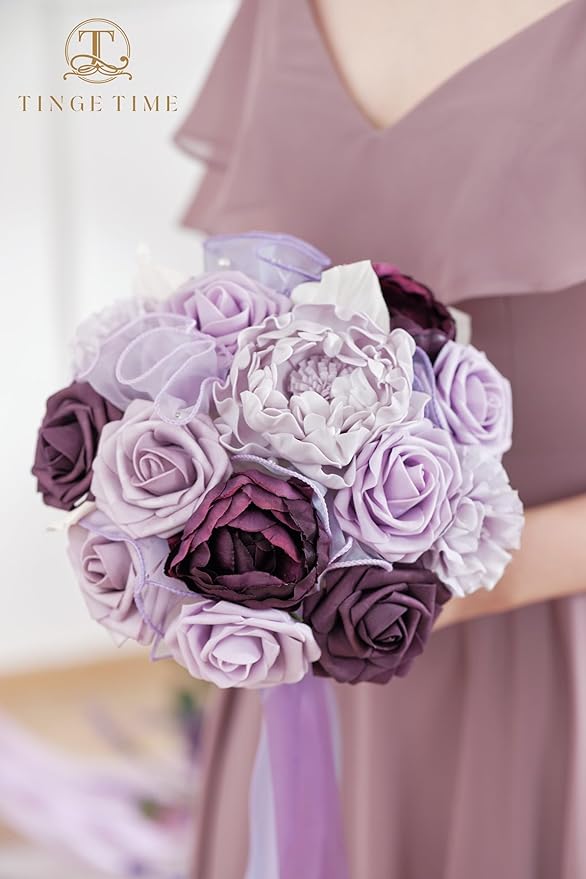 TINGE TIME 7 Inch Artificial Flowers Wedding Bouquets for Bridesmaid, Set of 4, Lavender Bride Tossing Bouquet for Wedding Ceremony Festivals Bridal Shower Rehearsal Dinner Vintage Party