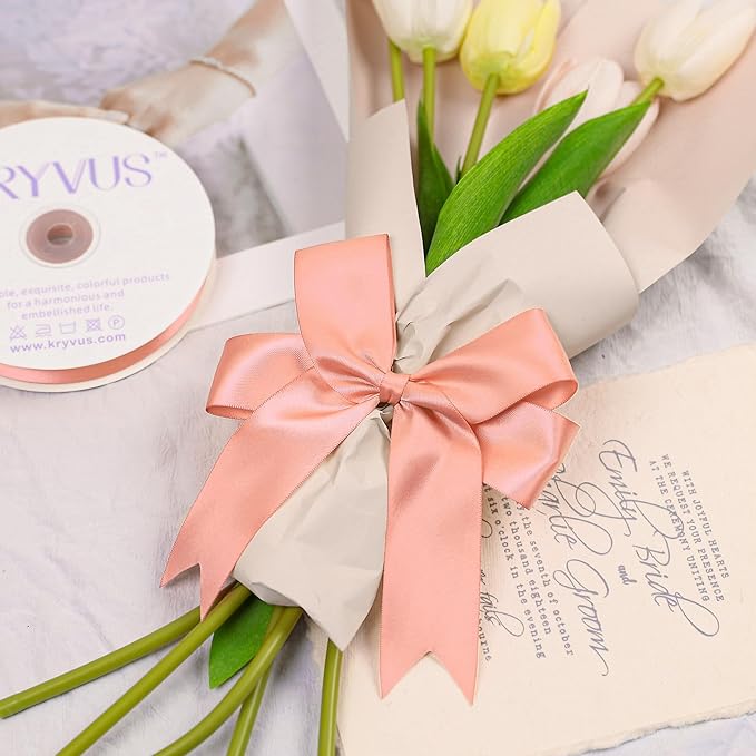 Peach Satin Ribbon, Double Faced 1-1/2 Inch X 50 Yards Peach Ribbon, Premium Satin Ribbons for Gift Wrapping, Crafts, Hair Bow Making, Sewing, Flower Bouquet, Wedding Party Decor