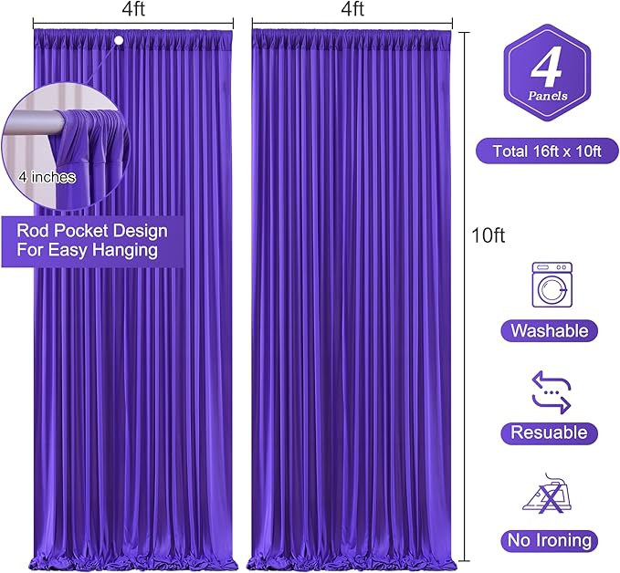 Purple Backdrop Curtains 4 Panels - Wrinkle-Free Polyester Photography Drapes for Baby Shower & Birthday Party - 16 X 10FT