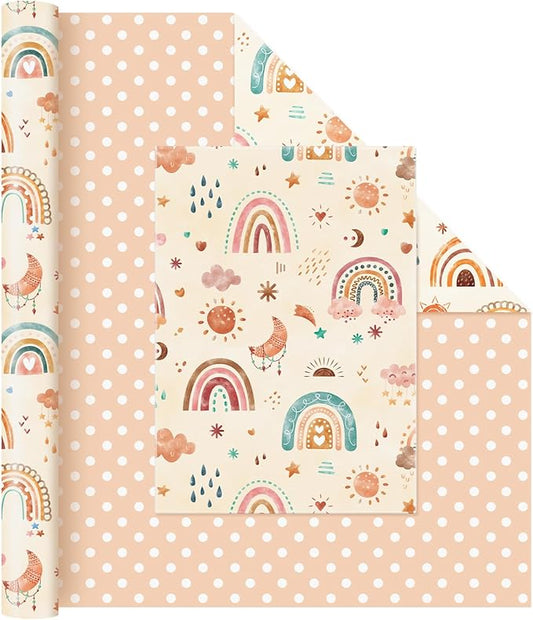 WERNNSAI Rainbow Wrapping Paper Roll - 1 Roll 17” x 33 ft Boho Baby Shower Wrapping Paper Yellow New Baby Girl Gift Packing for Kids Birthday Party Favor Reversible Polka Dot Design