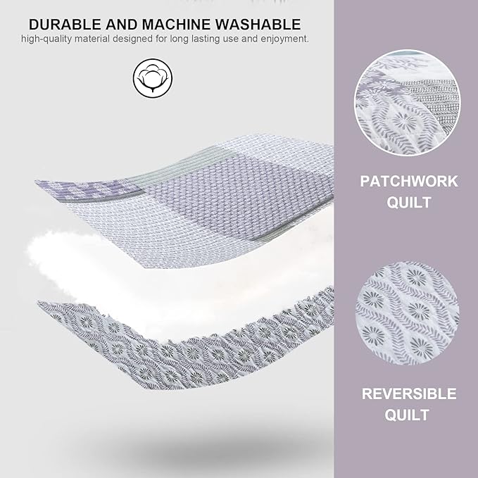 PANGUSHAN Quilt Set Queen Size, 100% Cotton Bedspread Quilt Bedding Set, Patchwork Reversible Floral Quilt for Queen Bed, Purple/Grey/White Bed Spread, Lightweight Comforter for All Season, 3 Pieces