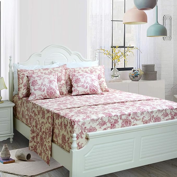 FADFAY Red Floral Bedding Elegant Bed Sheets Set Luxury Bedding Collections 800 Thread Count 100% Egyptian Cotton Deep Pocket Fitted Sheet,4 Piece-King Size
