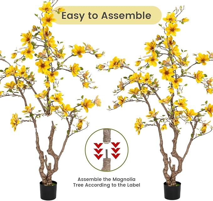 Faux Magnolia Tree 6.8 ft - with 57 Pcs Yellow Artificial Flowers - Tall Artificial Plants Indoor, Large Fake Plant Perfect Potted Magnolia Flower Decor for Living Room, Stairs, Shop, Study Room