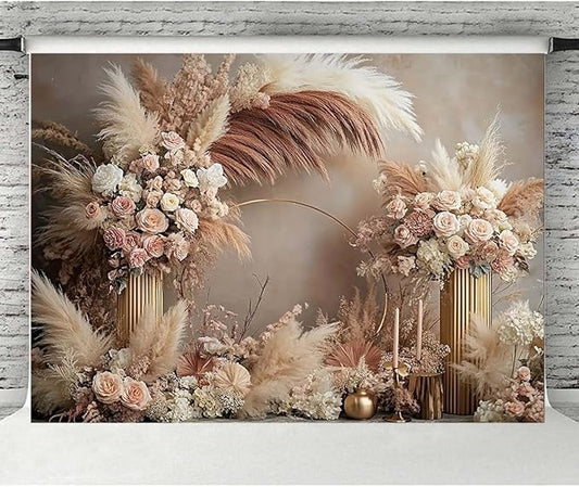 Boho Floral Wedding Backdrop Pampas Grass Flower Curtain Background Wedding Bridal Shower Anniversary Party Decoration Backdrop Newborn Baby Shower Pregnancy Photos Backdrop (8x6feet)