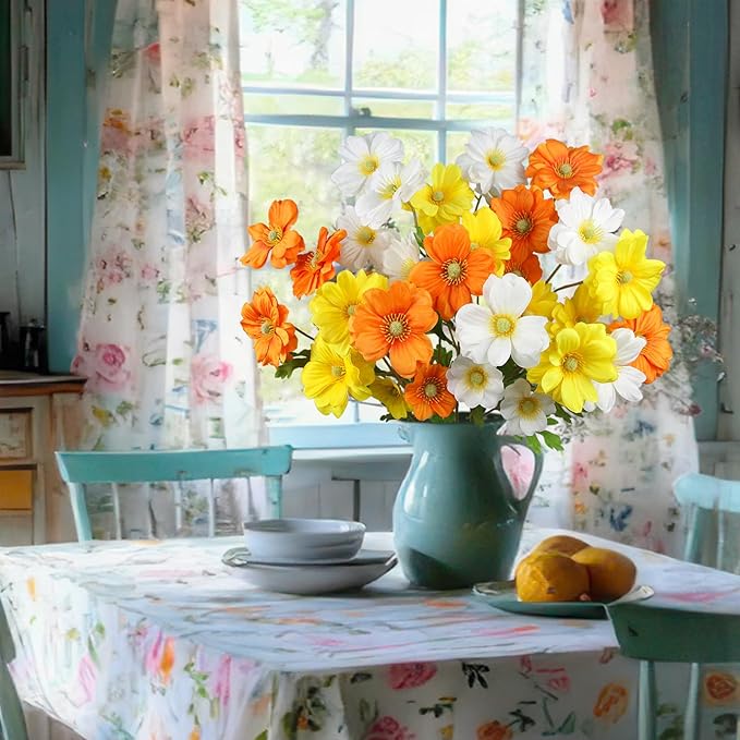 6 Pcs Artificial Flowers with Stems Faux Daisy Flowers Bouquet Orange Gardenia Silk Flowers for Home Decor Indoor Vase Outdoors Balcony Table Centerpiece Outside Floral Arrangements Wedding