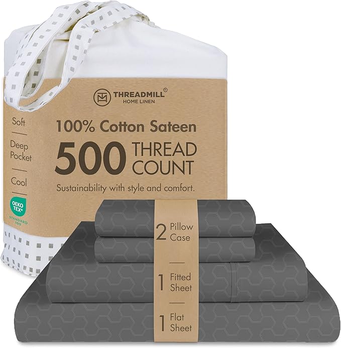 Threadmill 500 Thread Count King Size 4 Pc Luxury Cotton Bed Sheet Set, Jacquard Floria Dark Grey, Silky Soft Sheets with 16" Elasticized Deep Pocket, 2 Pillowcases & Free Tote Bag