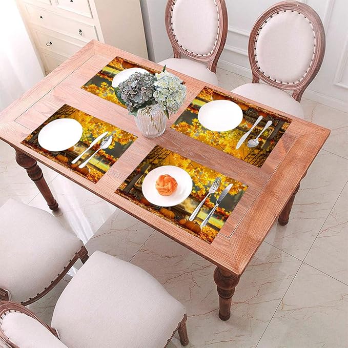 PVC Placemats Set of 6 Wipeable Table Mats Washable Heat Resistant Non Slip Vinyl Dining Table Mat for Kitchen Indoor Outdoor Patio Farmhouse Place Mats Autumn Pumpkin Maple Decorative