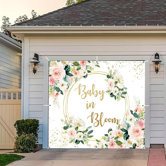 Baby in Bloom Baby Shower Garage Door Cover Banner Decorations Backdrop 7x8ft Pink Boho Floral Golden Loop Garage Door Backdrop Baby Shower Cake Table Outdoor Garage Door Banner Decorations