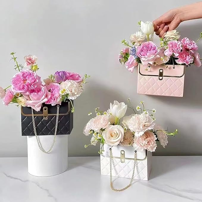Jemattely Large Flower Paper Gift Bag,Bouquet Portable Flower Handbag Box with Metal Chain Rectangle Wedding Gift Wrap Bag Small Florist Carrier Bag for Wedding Mother Day Birthday Etc-4pcs Pink