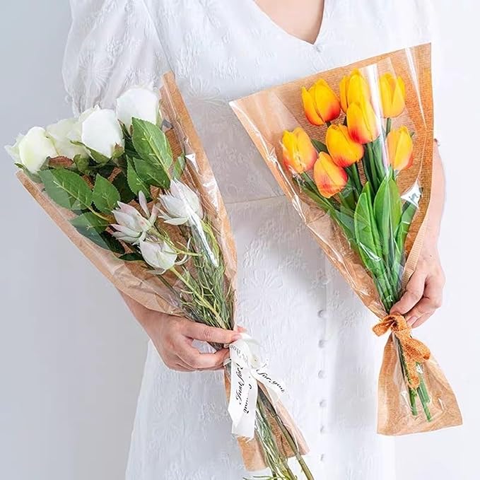 MYGOGOART 50 Pcs Flower Bouquet Wrapping Paper Flower Bags Sleeves for Bouquets Kraft Paper Floral Wrap Bags Flower Bouquet Supplies(14 x 16 x 3.9 inches)