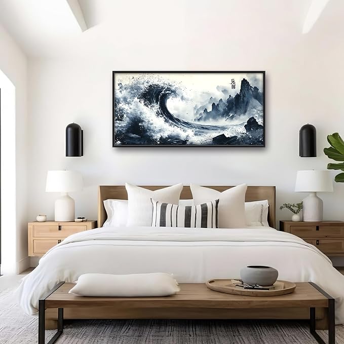 Mountain Wave Large Wall Art Framed Chinese Wall Decor for Living Room Waves Pictures Oversized Canvas Print Painting Modern Extra Large Framed Artwork for Bedroom Office Home Decor 60"x30"