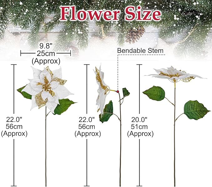 10" Poinsettia Flower Artificial for Christmas Tree Decor, 3 Pcs Faux Glitter Poinsettias Stems for DIY Xmas Wreath & Garland, Christmas Ornaments for Home Party, Holiday Decorations, White Gold