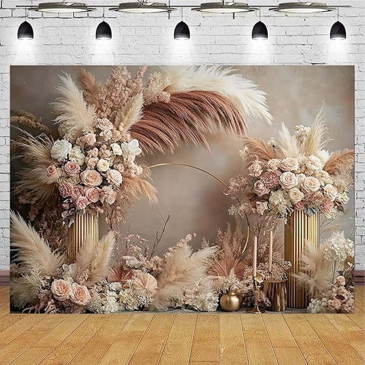 Boho Floral Wedding Backdrop Pampas Grass Flower Curtain Background Wedding Bridal Shower Anniversary Party Decoration Backdrop Newborn Baby Shower Pregnancy Photos Backdrop (7x5feet)