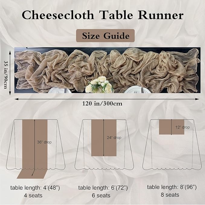 Booque Valley Nude Cheesecloth Table Runner 120 Inch 10ft Super Soft Boho Wrinkled Gauze Sheer Cloth for Baby Shower Birthday Bridal Shower Wedding Centerpiece Table Decoration, 3 Pack , Tan