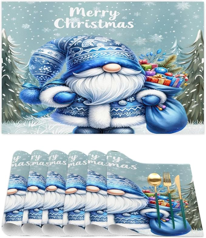Xmas Christmas Gnomes Bule Snowflake Placemats Set of 4 PVC Vinyl Non Slip Table Mats Heat Resistant Place Mats Washable Wipeable Dining Table Mat for Kitchen Party Indoor Outdoor Decorative Gift