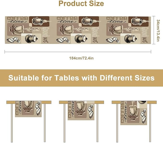 Coffee Table Runner,Vintage Style Coffee Cup Bean Abstract Theme Pattern Print Tablecloth Burlap for Hotel Indoors Outdoor Dining Room Kitchen Table Decor, 13x70in