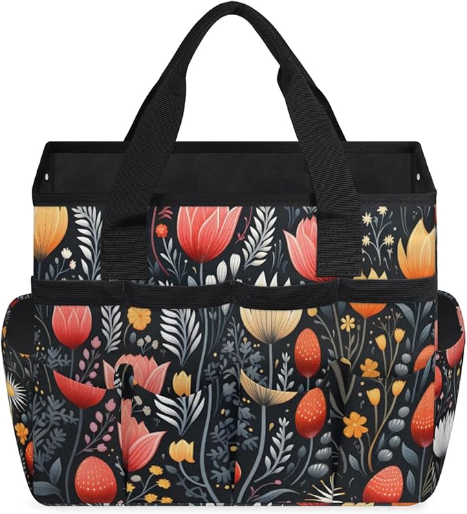 Garden Tool Bag Organizer Garden Tote Bag with Pockets Flowers Buds Leaves Tool Storage Organizer Gardening Tool Kit Holder 13" x 6.8" x 2.8"
